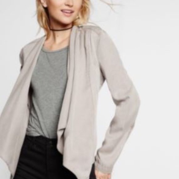 Express Taupe Drape Front Open Light Jacket - Picture 9 of 9